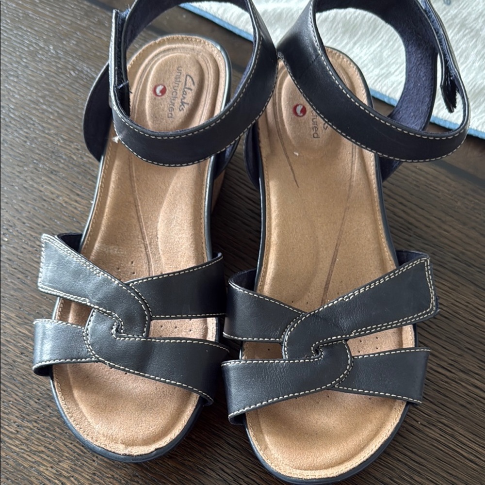 Clarks Dark Leather Strap Sandals